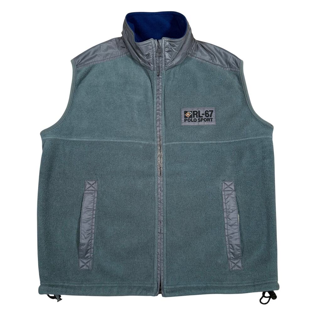 Vintage Polo Sport Ralph Lauren RL-67 Fleece Vest Mens Medium Full Zip Gray Blue